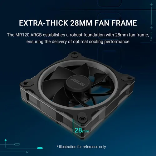 Miniatura 2 de ASUS Prime MR120 ARGB Fan Negro Paquete Triple, Marco Extra Grueso de 28mm, Silencioso, Enfriamiento de Alto Rendimiento con Control PWM, 20 LEDs