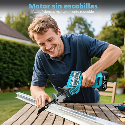 Miniatura 7 de SEESII Sierra de vaivén inalámbrica, motor sin escobillas de velocidad variable de 3500 RPM con 8 hojas de sierra, 2 baterías de 4.0Ah, luz LED