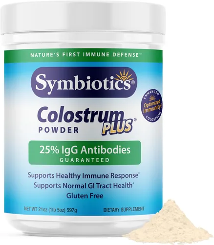 Symbiotics Colostrum Plus Powder - Soporte de recuperación inmune y muscular, 25% de inmunoglobulinas IgG, resistencia al entrenamiento y salud