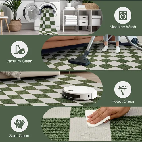 Miniatura 9 de Alfombra Lavable 5x7 de Cuadros, Alfombra de Área Verde y Blanca, Alfombras Grandes Boho para Sala de Estar, Alfombra de Bajo Pilo Ligera para Verde