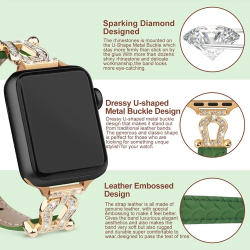 Miniatura 2 de Correas de cuero compatibles con Apple Watch Band de 38/40/41/42/44/45/46/1.929 in, el diamante brillante está montado en la hebilla de metal
