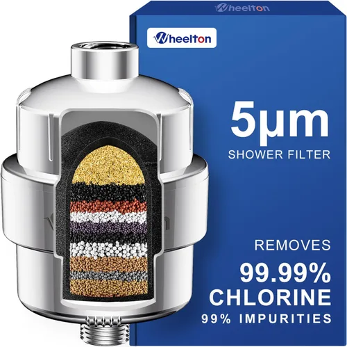 Cabezal de Ducha Wheelton - Filtro de Cabezal de Ducha de Carbón Comprimido Mejorado para Agua Dura, Elimina Cloro, Fluoruro, Metales Pesados y