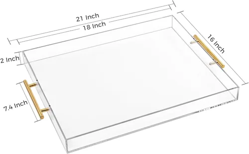 Miniatura 3 de Bandeja grande de acrílico transparente para servir (16 x 18 pulgadas) con asas doradas, bandeja decorativa acrílica a prueba de derrames