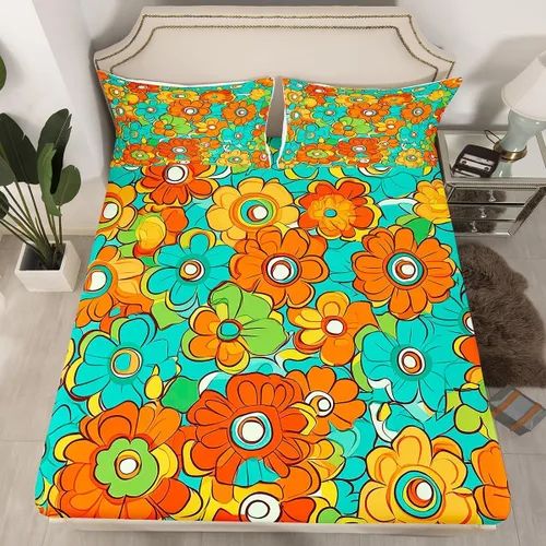 Miniatura 15 de Juego de sábanas ajustadas estilo 70s hippie retro para cama individual, juego vintage de otoño con hojas florales para niños y niños, juego de ropa