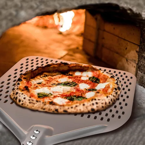 Miniatura 3 de G.a HOMEFAVOR Cáscara de pizza perforada de 14 x 17 pulgadas, 35 pulgadas en total, rectangular de aluminio para torneado de pizza con mango