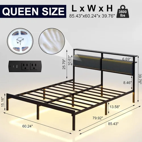 Miniatura 2 de J.Fkne - Marco de cama Queen con luces LED y estación de carga, marco de cama estilo plataforma metálica con cabecera de almacenamiento de 2