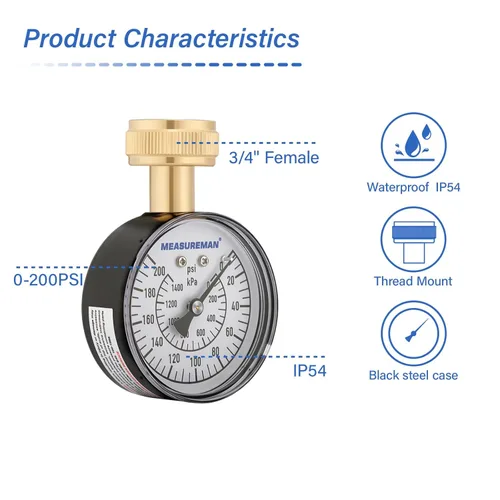 Miniatura 4 de Measureman - Manómetro de presión de agua de 0-200 psi, esfera de 2.5", medidor de presión para boquilla de manguera, probador de presión de agua