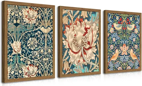 Marco de Madera William Morris Juego de Arte de Pared de 3 Piezas, Pintura Decorativa de Pared en Lienzo Floral Botánico Vintage, Arte de Granja