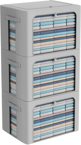 Miniatura 16 de Paquete de 3 cajas de almacenamiento con marco, bolsas de almacenamiento de ropa, tela Oxford, plegable, apilable, juego organizador con ventana