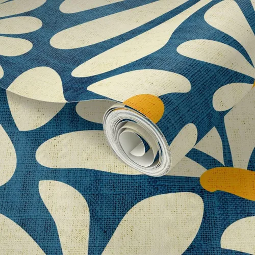 Miniatura 2 de Spoonflower Despegar y pegar papel tapiz Swatch - Retro Daisy Flower Power Blue Floral Vintage Groovy 70S 60S Papel pintado extraíble personalizado