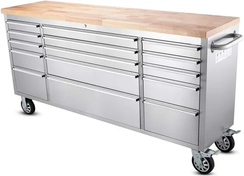 Miniatura 6 de Baúl de herramientas rodante de acero inoxidable de 72 pulgadas con 15 cajones + 3 gabinetes superiores, banco de trabajo móvil, caja