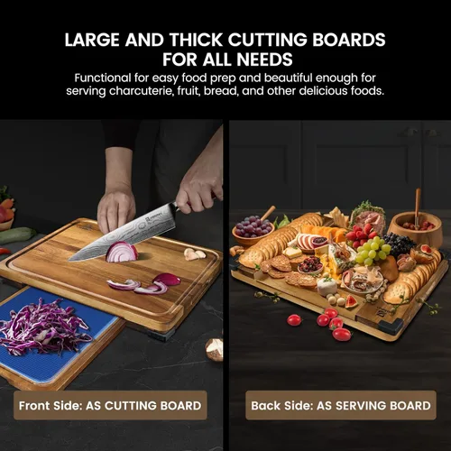 Miniatura 2 de Juego de 7 tablas de cortar grandes, tabla de cortar de madera de acacia para cocina con soporte pies antideslizantes, alfombrillas de plástico