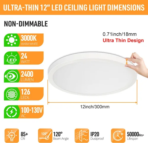 Miniatura 2 de SunRider Lámpara LED de techo empotrada, 3000 K, blanco cálido, 2400 lm, luces de techo planas redondas de 12 pulgadas y 24 W, equivalente a 240 W