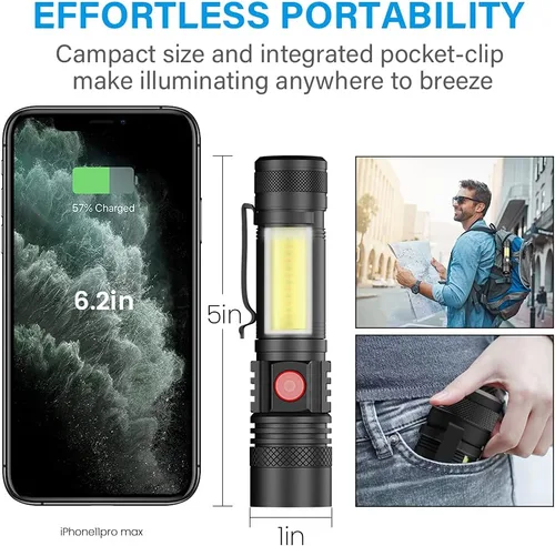 Miniatura 7 de Linterna recargable por USB, linternas magnéticas LED, linternas tácticas súper brillantes con luz lateral mazorca, impermeable, zoomable, 6 modos