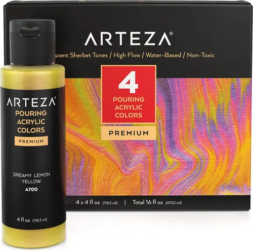 ARTEZA Pintura acrílica metálica iridiscente, juego de 4, tonos de sorbete, 4 onzas líquidas, pintura de alto flujo para lienzo, vidrio, madera,