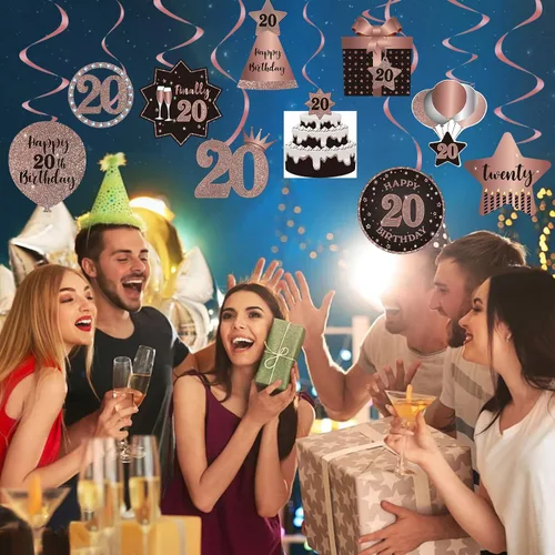 Miniatura 5 de Decoración de techo de remolinos colgantes de 20 años, 20 espirales colgantes de papel de aluminio con recortes para 20 años de edad, suministros