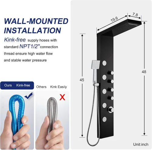 Miniatura 3 de ROVATE Sistema de panel de ducha tipo cascada, torre de ducha de acero inoxidable 304 con 5 chorros de masaje de cuerpo de lluvia y 3