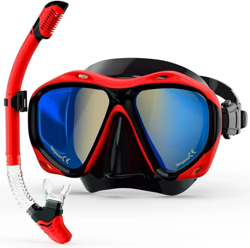 Miniatura 9 de Equipo de esnórquel para adultos, máscara de esnórquel con lente de vidrio templado espejo de visión amplia de 180°, máscara de buceo antivaho