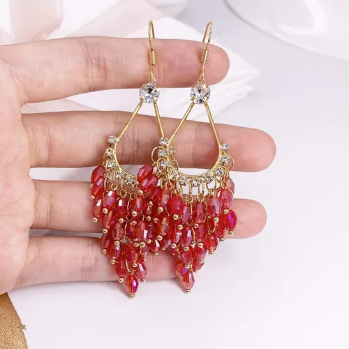 Miniatura 4 de LAXPICOL Pendientes largos bohemios de moda pendientes de cristal transparente con gancho de pez para mujer, tono dorado