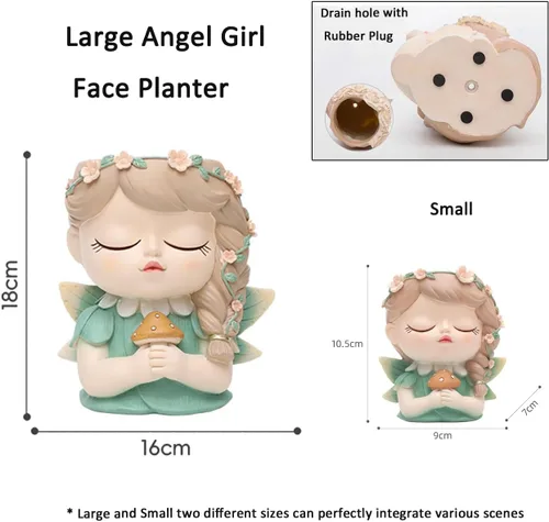 Bonita maceta para suculentas con cara de niña ángel con agujero de drenaje, maceta grande de cara de niña, maceta grande de resina para cabeza de