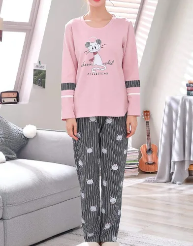 Miniatura 4 de Vopmocld Conjunto de pijama de gatos lindos para niñas grandes, 2 piezas, ropa de dormir de algodón para invierno