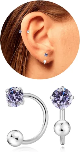 Miniatura 30 de Pequeños aretes de piedra natal natural de 0.118 pulgadas para mujeres, adolescentes y niñas, pequeños aretes de medio aro para cartílago