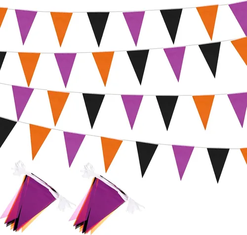 Tatuo Banderín de Halloween de 656 pies, 20 unidades, bandera triangular, morado, naranja, negro, banderines de tela, banderines de tela para fiesta