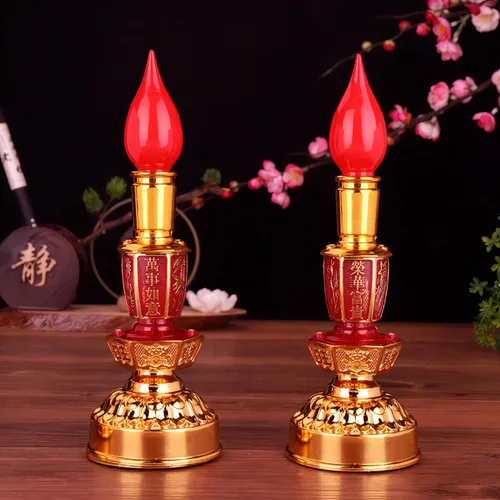 Miniatura 2 de Lámpara de vela china retro LED estilo vintage nostálgico antiguo estilo chino suministros budistas - 1 par Rojo