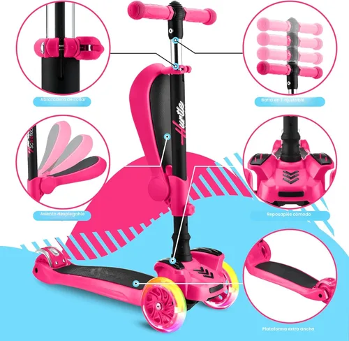 Miniatura 4 de Hurtle Patinete de 3 ruedas para niños, luces LED de ruedas, manubrio ajustable de inclinación para dirigir y asiento plegable, paseo sentado