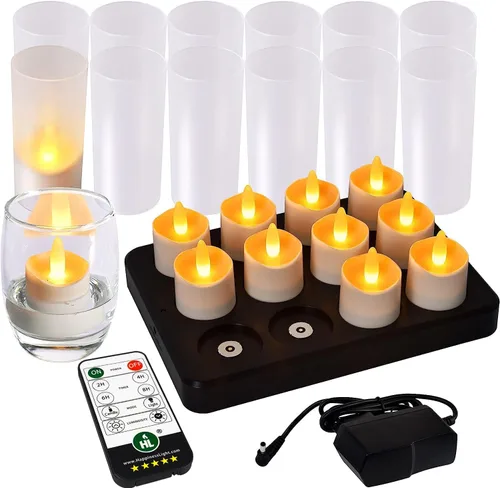 HL Velas sin llama con temporizador remoto, más de 100 horas recargables, impermeables, funciona con pilas, con base de carga, velas flotantes