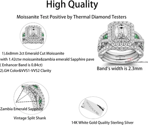 Miniatura 3 de DovEggs 4.3ct Total 6x8mm GHI Color Emerald Cut Moissanite Antqiue Double Halo Engagement Ring Zambia Emerald Sapphire Curved Enhancer Guard Band