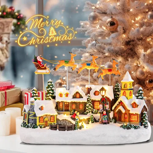 Miniatura 6 de Bdor - Decoración Navideña Iluminada con Música, Diseño de Pueblo Navideño, Figura Coleccionable de Papá Noel y Ciervo, Funciona