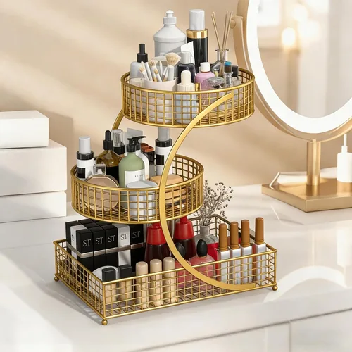 Miniatura 2 de Organizador de maquillaje para tocador, organizador de encimera de baño de metal de 3 niveles, soporte de almacenamiento para el cuidado de la piel