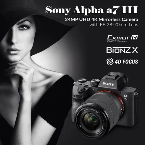 Miniatura 2 de Sony Cámara sin espejo Alpha a7 III con lente FE de 1.102-2.756 in, marco completo de 24.2MP, video 4K, paquete con bolsa, tarjeta SD de 64 GB
