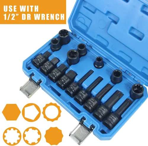 Miniatura 4 de Juego de 16 piezas de pinza de freno de impacto especial de 1/2 pulgada de llave de vaso cuadrada Kit de herramientas de freno compatible