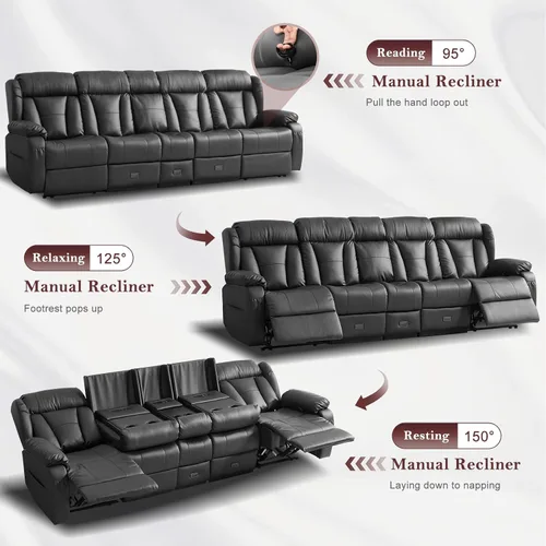 Miniatura 4 de Sofá biplaza reclinable manual de 110 pulgadas, sillón reclinable de 4 asientos con consola, mesa plegable y salidas integradas, sofá reclinable