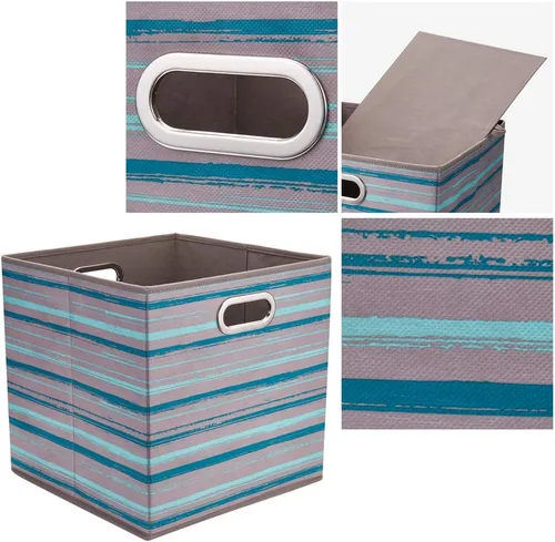 Miniatura 4 de QY-SC05-3 - Cubos de almacenamiento plegables de 13 pulgadas, cajas de almacenamiento de tela a rayas color verde azulado, insertos plegables