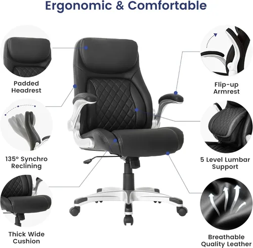 Miniatura 4 de Nouhaus Silla Ergonómica de Oficina de Cuero de Microfibra Premium, Soporte Lumbar Ajustable y Reposabrazos, Respaldo Alto, Cómodas Sillas