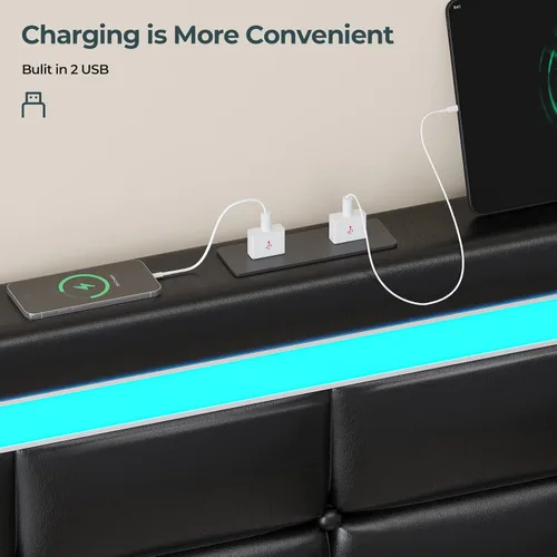 Miniatura 5 de ADORNEVE Base de cama de tamaño matrimonial con cajones de almacenamiento, cabecera con luces LED, plataforma de cuero tapizada con 2 puertos USB
