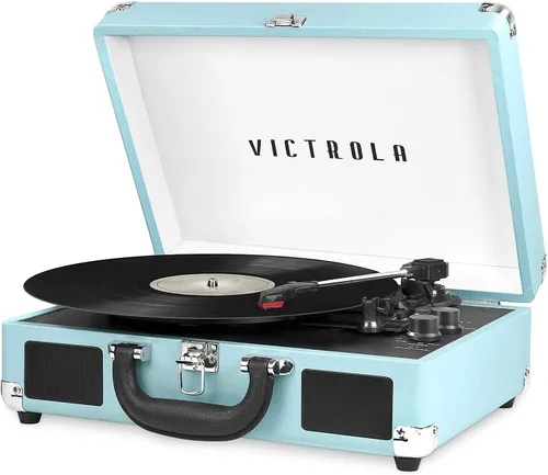 Miniatura 18 de Victrola Journey Tocadiscos Portátil de Maleta con Bluetooth – con Altavoces Integrados, Tocadiscos de Vinilo de 3 Velocidades, Salida RCA, Conector