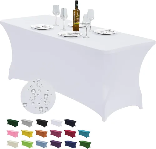 Miniatura 27 de CWK - Funda de mesa de elastano elástica impermeable de 6 pies para mesas rectangulares - Mantel elástico ajustado para mesas plegables, tela Rosa