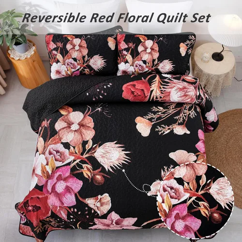 Miniatura 4 de Juego de colcha floral tamaño Queen de 3 piezas, juego de colcha con estampado floral rojo suave de microfibra ligera, cubrecama acolchado negro