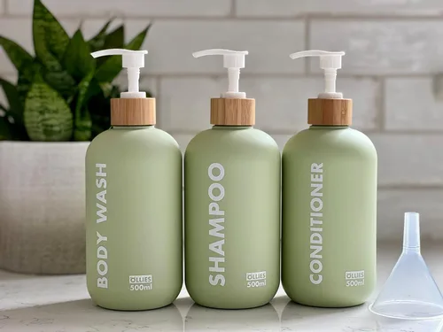 Miniatura 5 de Dispensador de Champú y Acondicionador OLLIES, Dispensador de Jabón de Ducha para Baño - Juego de 3 con Etiqueta Elegante Permanente - Botellas