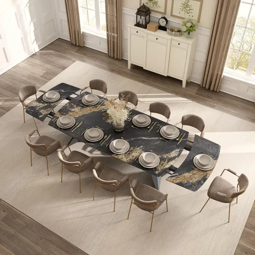 Miniatura 11 de Mesa de comedor extensible con extensión, 65"-95" piedra sinterizada rectangular, superficie con aspecto de mármol, para 6-12 personas, base
