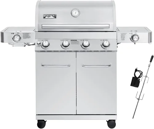 Monument Grills Parrillas de gas propano de 4 quemadores más grandes de acero inoxidable con kit de asador (2 artículos)