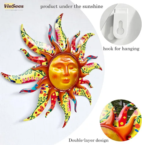 Miniatura 5 de Decoración de pared de sol de metal de 19 pulgadas, decoración de pared de sol de metal 3D de doble capa y vidrio para exteriores e interiores
