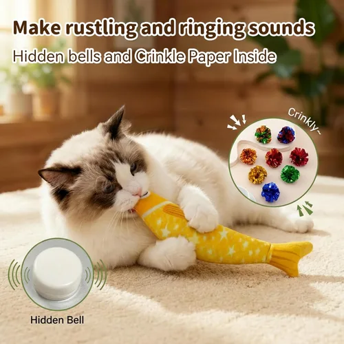 Miniatura 3 de Juguetes para gatos de interior con 5000 mg de hierba gatera natural interactiva Kicker Fish Toy de sonido Crinkle Bell Sonido Gato Adulto Gatitos