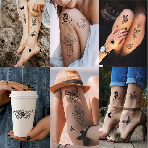 Miniatura 4 de Tatuaje temporal de mariposa realista para mujeres, calcomanías de tatuaje falsas de polilla grande negra para adultos, pierna de mano y brazo
