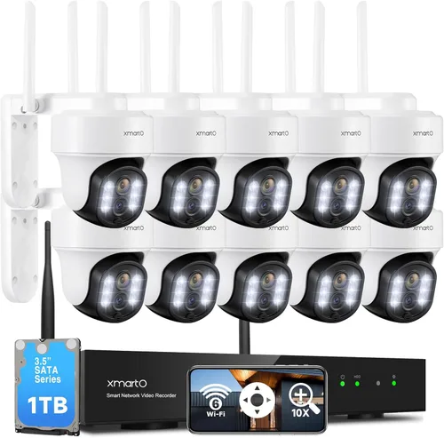 XMARTO 10X Zoom Mesh WiFi6 PTZ Sistema de cámara de seguridad de seguimiento AI, paquete de doble lente de 10 cámaras 2K, NVR expandible de 10