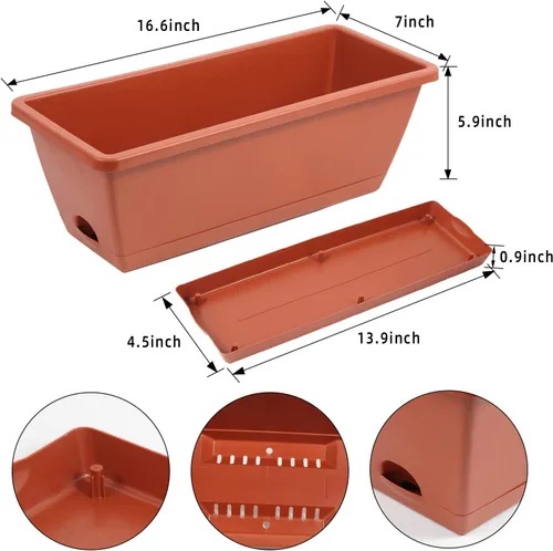 Miniatura 2 de Macetero rectangular con agujeros de drenaje y bandejas, 8 unidades, macetas de plástico para ventana de 17 pulgadas, macetas de plástico para Rojo